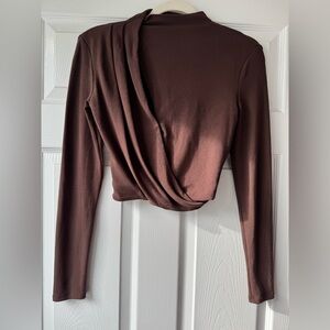 Astr Asymmetric Pleated Cutout Mock Neck Long Sleeved Top